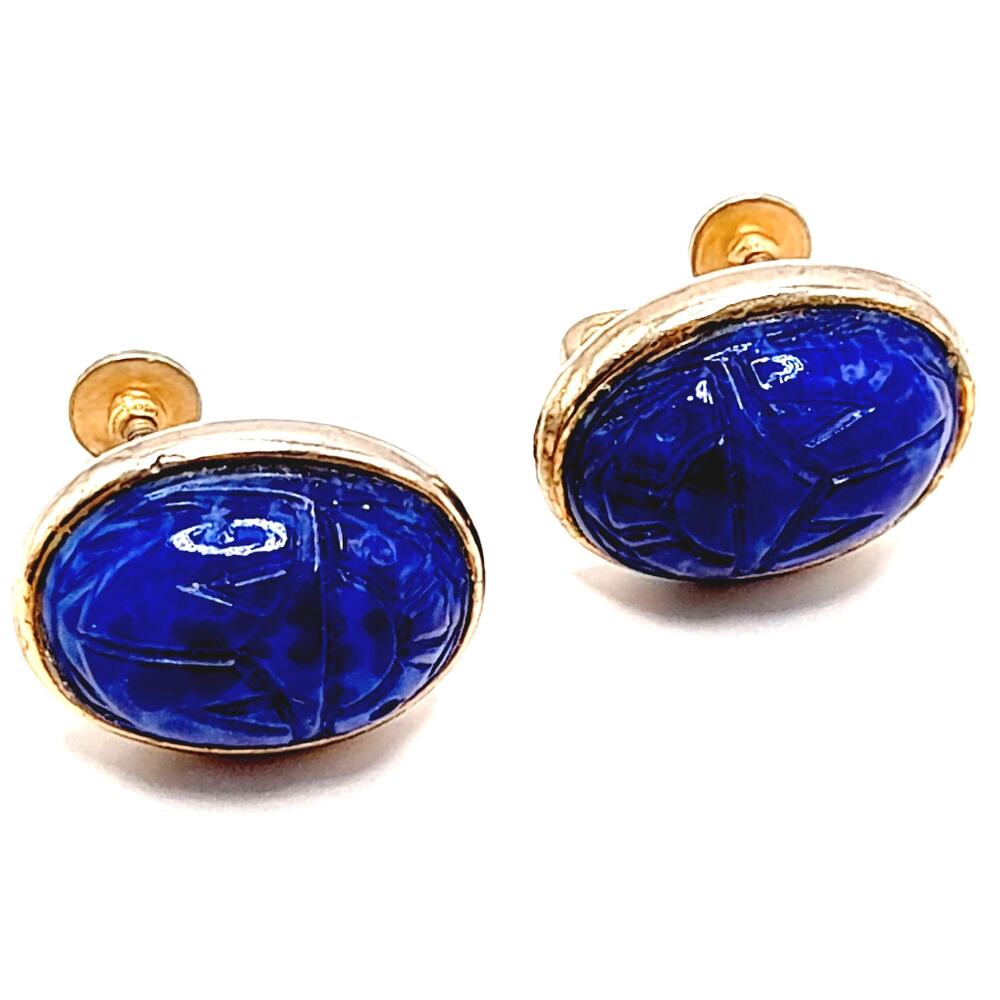 Vintage Egyptian Revival Blue Scarab Quartz Screw Back Earrings Gold Tone